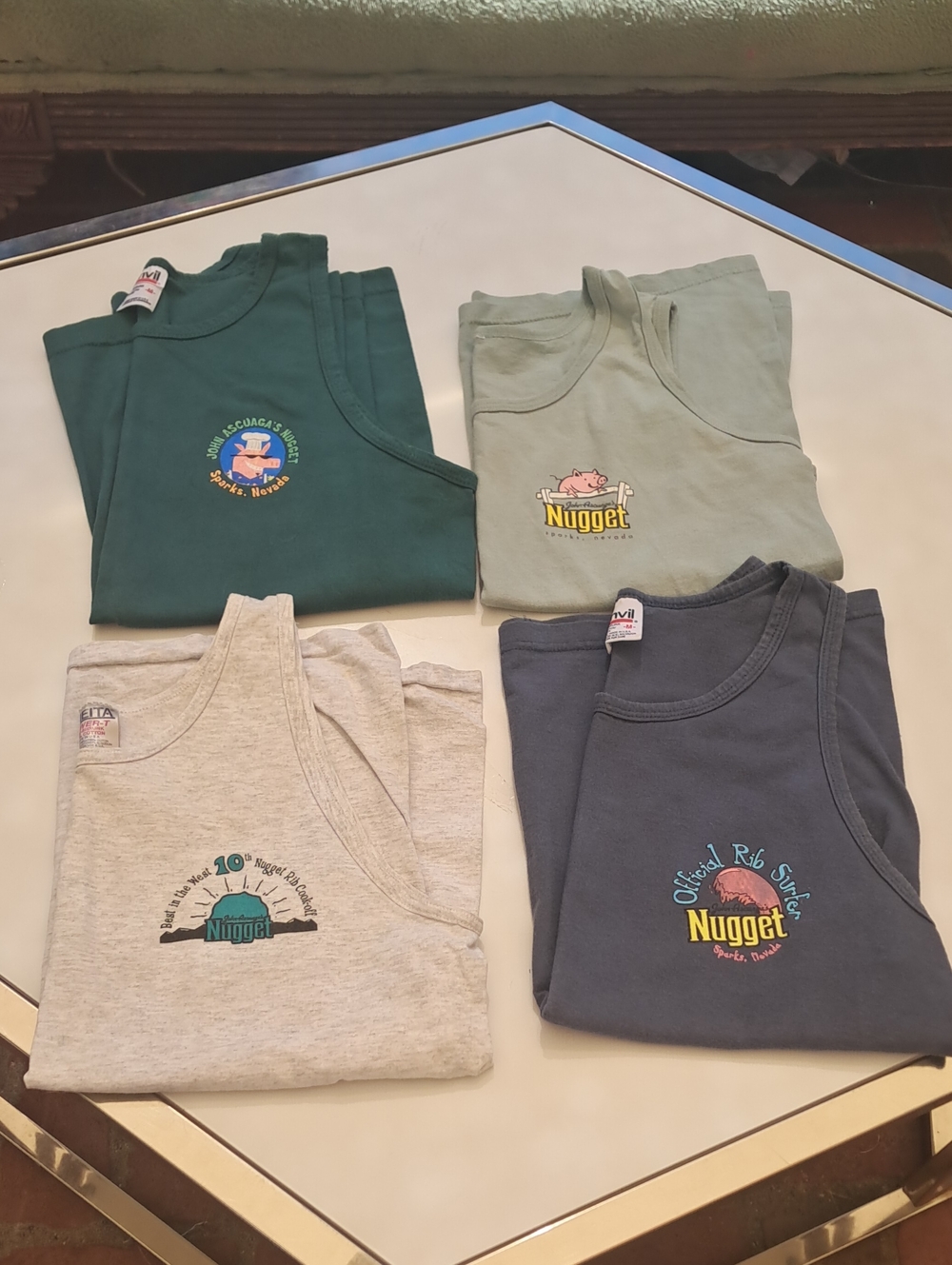 Lot Of 4 Vtg 90's Anvil Unisex Tank Dark Green, Sage, Gray, Navy BBQ Nugget Bak